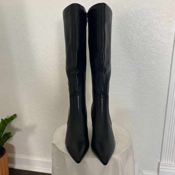 NEW 90s Style Black Faux Leather Smooth Pointy Knee High Heel Boots US 9.5 - Picture 3 of 8